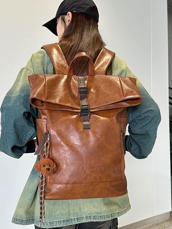 Leather Work Womens Backpack - European American Vintage Roll Top Backpack