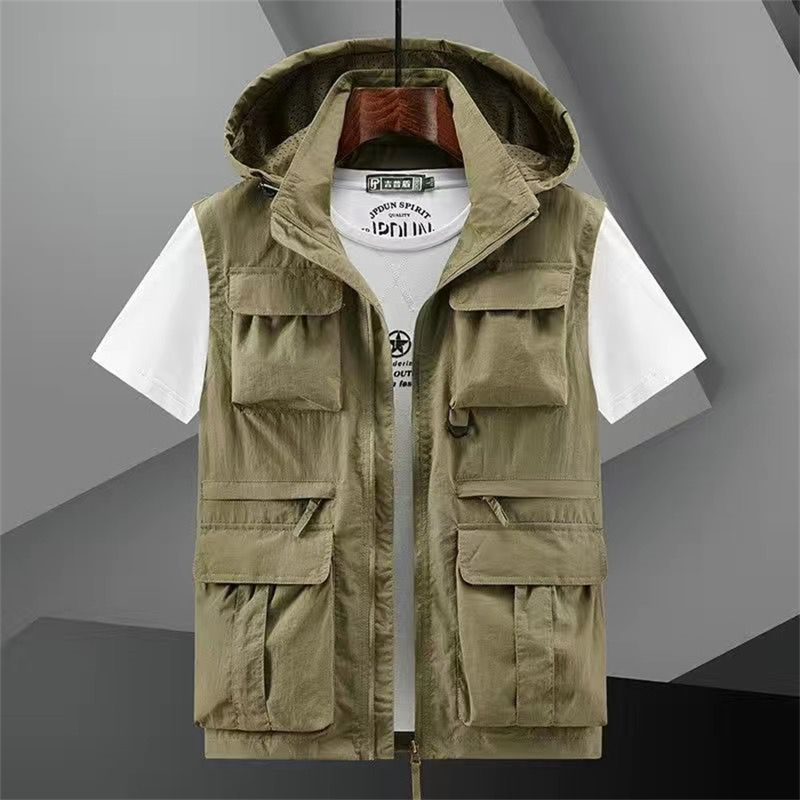 Leather Work Vest - Hooded Vest Men's Multi-Pocket Loose Workwear