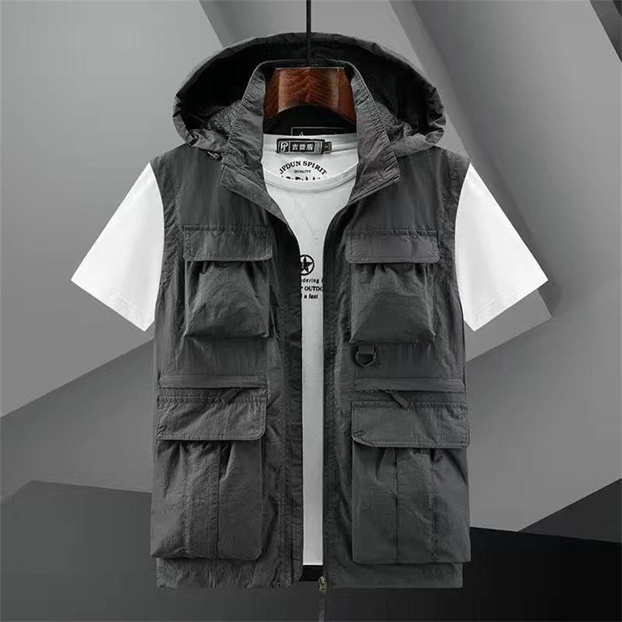 Hooded Vest Men's Multi-Pocket - Leather Work Vest ulasan dan harga